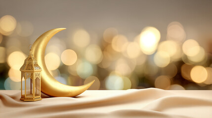 Golden crescent moon and lantern on a table for Ramadan celebration with copy space
