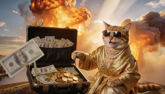 Stylish Cat In A Golden Robe And Sunglasses On A Rooftop, Hurling His Overflowing Money Box Of Cash And Gold Toward The Camera As He Laughs Evilly, While A Massive Fiery Explosive