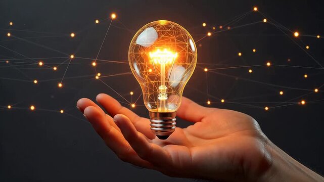 Hand holding glowing light bulb