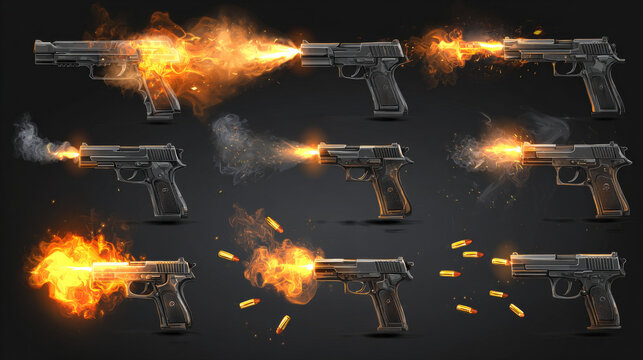 Gun muzzle flash with fire, sparks, smoke, and flying bullets isolated on transparent background