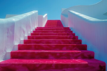 Fototapeta premium A series of red stairs rises against a white and blue background, creating an artistic visual.