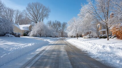 Fototapeta premium Tranquil Snow-Covered Residential Street in Winter with Bright Blue Sky and Snow-Laden Trees Providing a Picturesque Scene of Seasonal Beauty