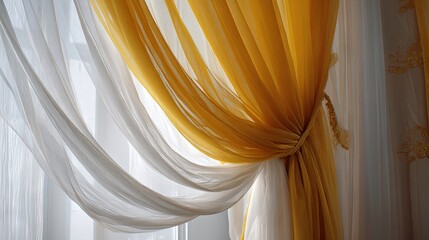 Stylish yellow curtains complemented by delicate white sheer tulle
