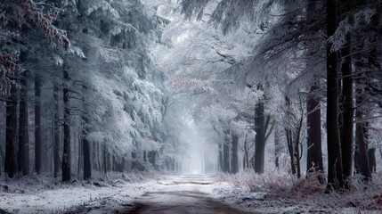 Serene Winter Landscape with Snow-Covered Trees and Foggy Pathway in a Tranquil Forest Setting