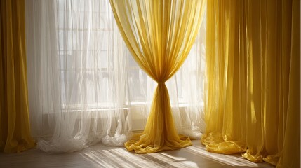Stylish yellow curtains complemented by delicate white sheer tulle
