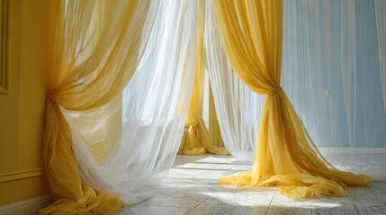 Stylish yellow curtains complemented by delicate white sheer tulle
