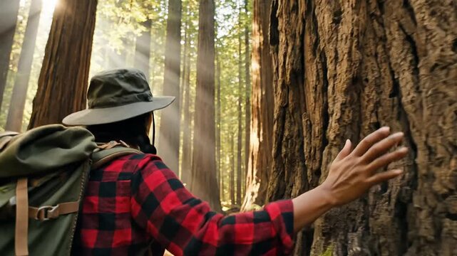 Hiker woman touching redwood tree trunk in sunlit forest scene