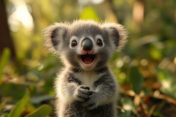 Naklejka premium A koala exhibits a joyful expression while standing in a vibrant forest environment.
