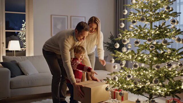 Family of three joyfully unpacks a gift box together in a cozy living room decorated for Christmas, with a beautifully lit tree and presents nearby