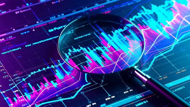 Magnifying glass on colorful financial charts