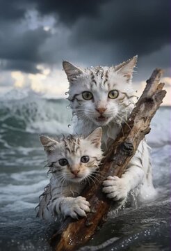 Two Drenched White Cats Clinging To A Drifting Wooden Log In Stormy Ocean Waves, Captured In Ultra-High-Resolution 16K Detail, Water Droplets Sparkling On Their Fur