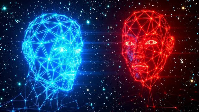 Two geometric human heads in space