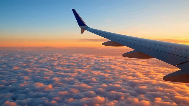 Airplane wing above clouds at sunset