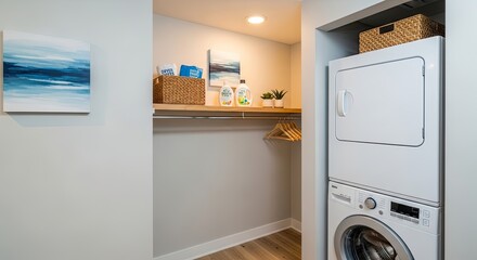Fototapeta premium Modern laundry room interior with stacked washer dryer shelf and decor