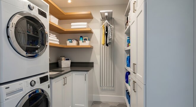 Modern laundry room with washer dryer machines and storage cabinets