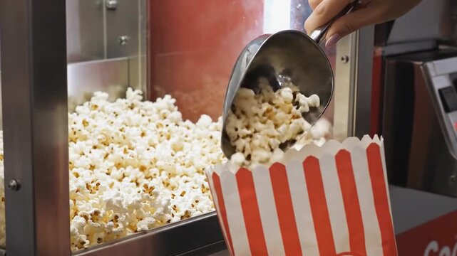 Hand scooping popcorn from machine into striped bag, showcasing the process of serving fresh snacks for movie enjoyment and theater experience