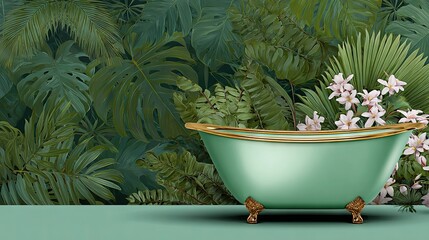 A luxurious green bathtub set against a lush tropical jungle, perfect for a banner display
