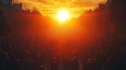 A vibrant sunrise illuminates a large crowd of people beneath a colorful sky with buildings and trees silhouetted against the horizon.