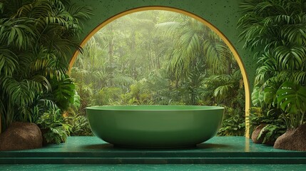 A luxurious green bathtub set against a lush tropical jungle, perfect for a banner display
