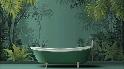 A luxurious green bathtub set against a lush tropical jungle, perfect for a banner display

