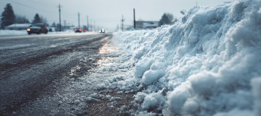 Fototapeta premium Winter Roadside Snowbank with Icy Curb and Tire Marks on Empty Street