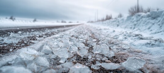 Obraz premium Winter Roadside with Snowbank and Scattered Ice Chunks from Skidding Tires