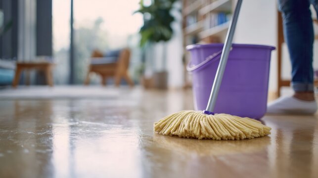 Person is cleaning a floor with a mop