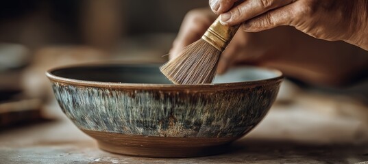 Artisan Applying Glaze to Handmade Ceramic Bowl in Workshop Setting