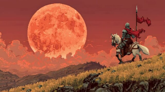 Pixel art fantasy knight on horse video adventure background under giant red moon for retro RPG intros, game menu screens and heroic fantasy streaming visuals