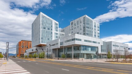 Modern Urban Architecture in Clear Blue Sky with Contemporary Office Buildings and Urban Landscape in a Bustling City Environment