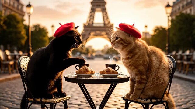 Two cats in red berets having coffee and croissant at a street cafe in Paris with the Eiffel Tower during sunset hour.