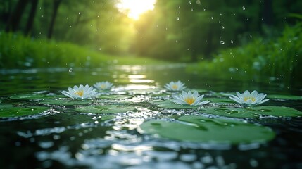 A pond features white water lilies floating on the water's surface, surrounded by green foliage and dappled sunlight.