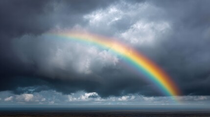 Dramatic Rainbow Arching Over Stormy Sky with Dark Clouds and Light Peeking Through the Gloom, Symbolizing Hope and Nature&rsquo;s Beauty