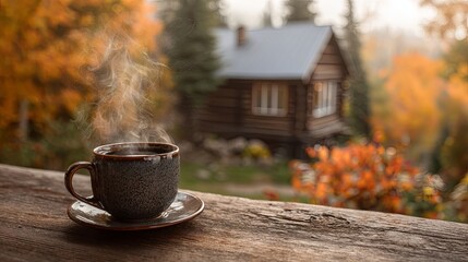 A steaming cup of coffee set against a cozy cabin surrounded by vibrant autumn foliage