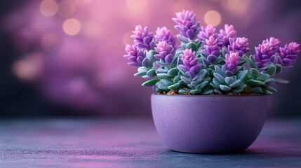 A potted succulent plant displays vibrant purple flowers in a blurred background of pink and purple tones.
