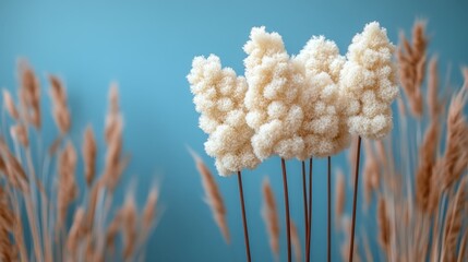 A natural scene features tall grasses and a collection of white flowers under a blue sky.