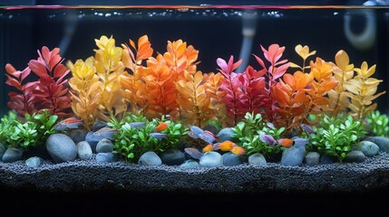 A dark aquarium showcases colorful artificial plants and fish with a visible water surface.