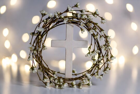 Croix en bois blanc entour&eacute;e de lumi&egrave;res scintillantes et fleurs, symbole de la croix chr&eacute;tienne pour P&acirc;ques et communion