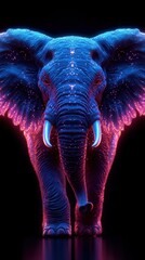 A digital rendering depicts an elephant with a blue glow and pink accents on a dark background.