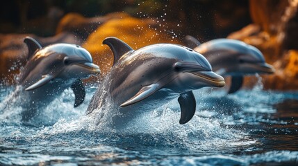Three dolphins jump out of the water, creating splashes in the foreground, with a blurred background of orange and brown tones.