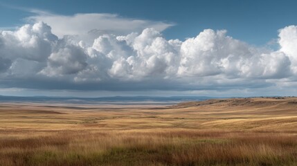 Fototapeta premium Vast Open Landscape Featuring Golden Grass and Dramatic Cloudy Sky Over Rolling Hills and Serene Horizon in a Remote Natural Environment