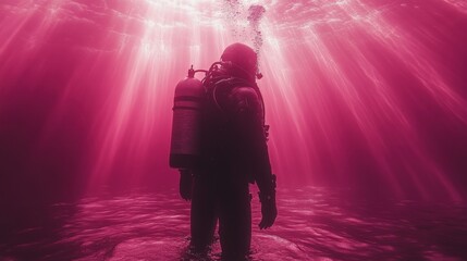 A diver wears a dark suit and is positioned within an underwater environment featuring bubbles and water movement.