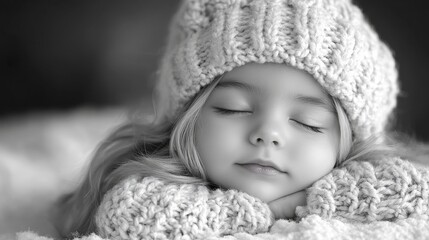 A newborn baby peacefully sleeps wearing a knitted hat and scarf.