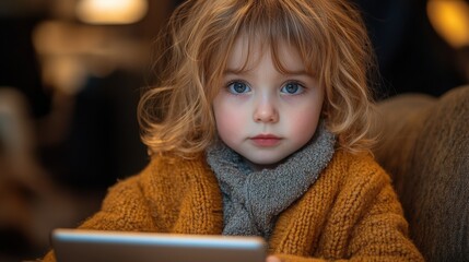A young child uses a tablet device in an indoor environment.