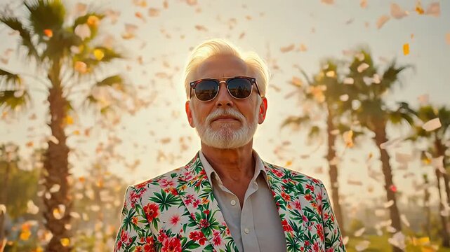 Elderly man in floral jacket with flying leaves