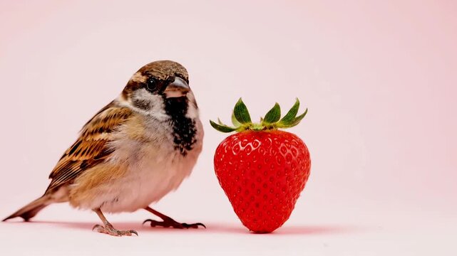 Bird Beside Ripe Strawberry on Pink Background Studio Shot