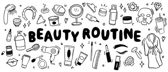 beauty routine doodle set with skincare and spa icons
