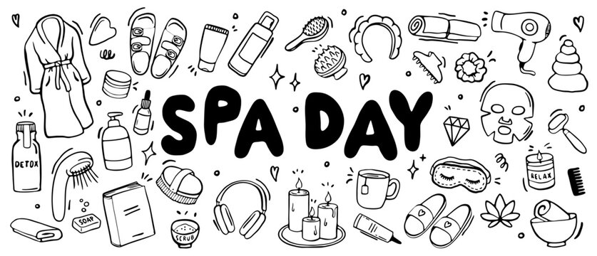 spa day doodle set with wellness and self care icons
