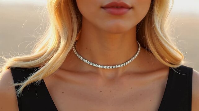 Woman wearing diamond necklace in sunlight