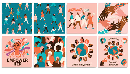 Fototapeta premium Vector illustration set featuring diverse women marching, holding hands, and empowering each other for unity and equality on International Women's Day.